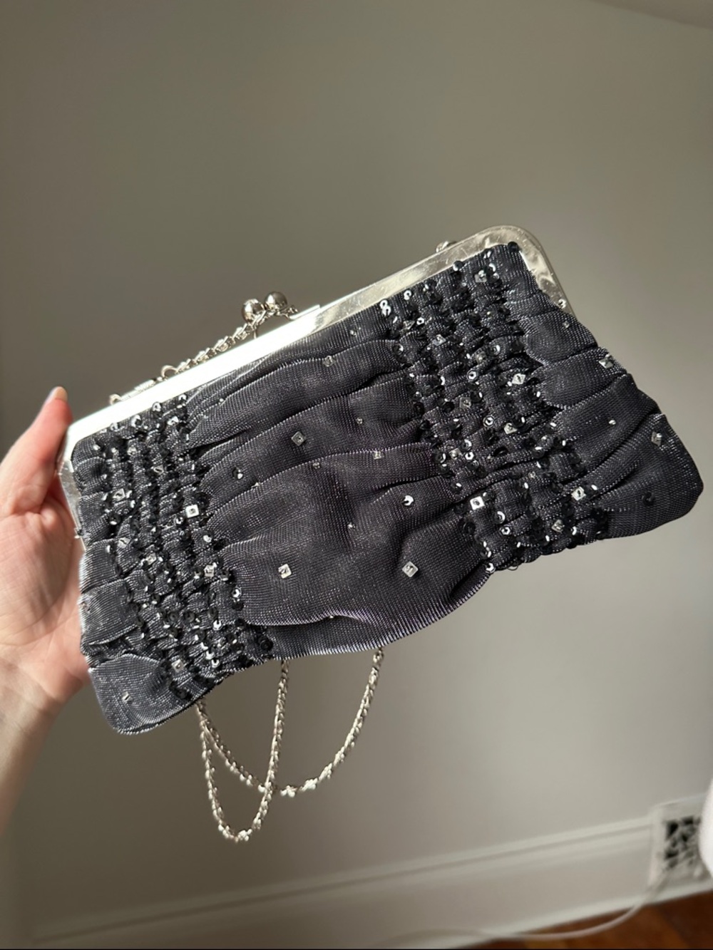 UNBRANDED Y2K Black Beaded Crystal Shimmer Party Holiday Shoulder Bag‎ Clutch